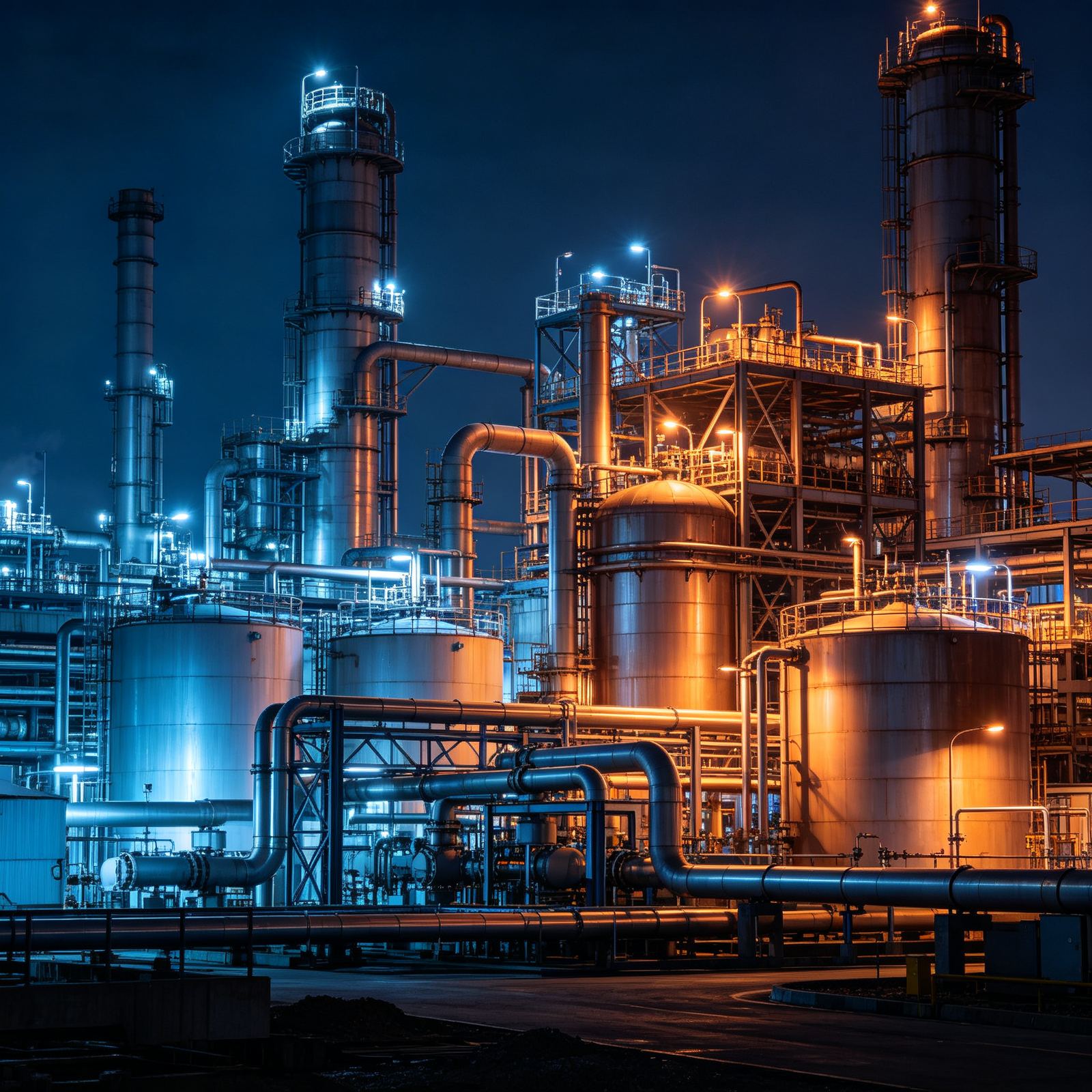 Industrial oil and gas plant at night — OUZHI Cable 欧智电缆