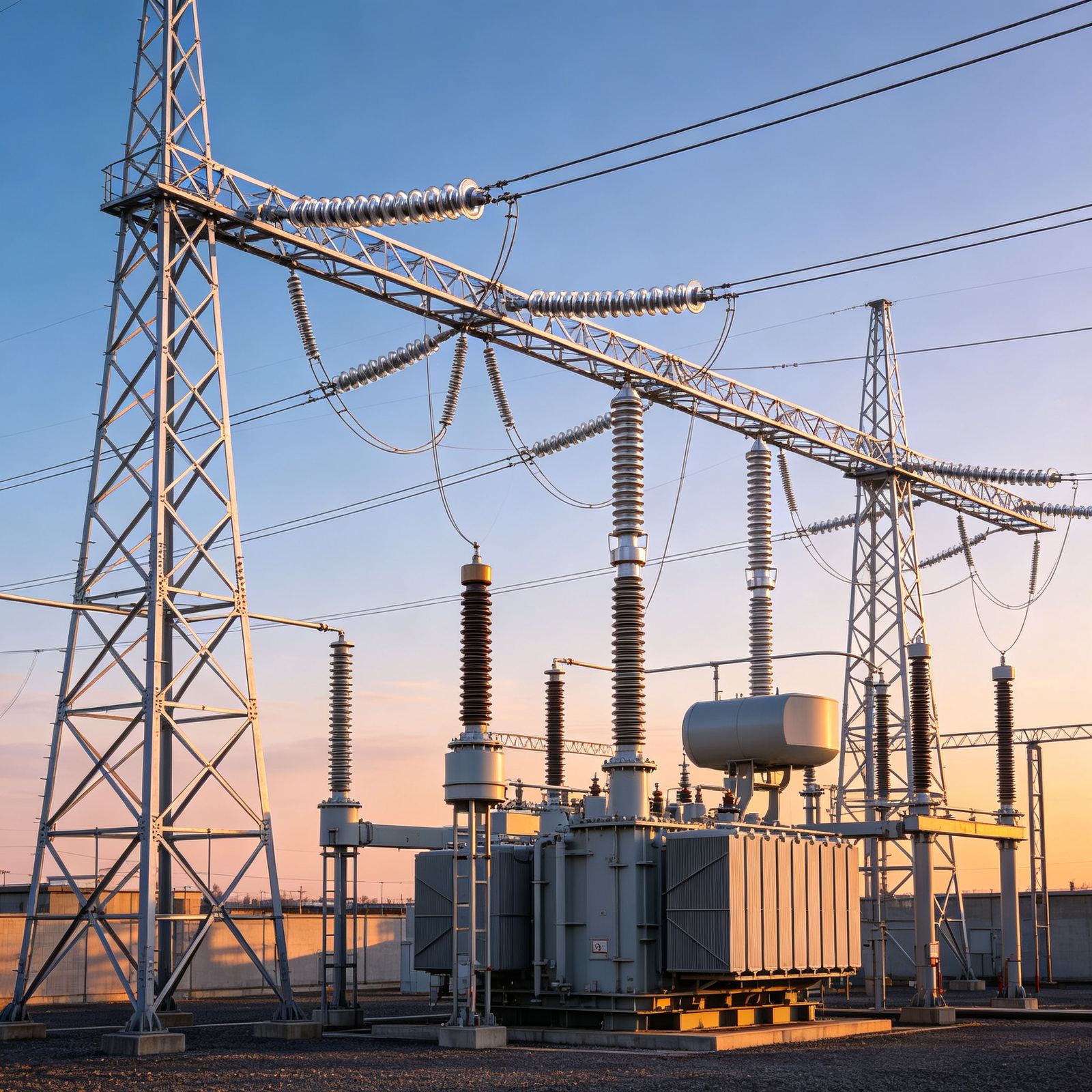 High-voltage substation and transmission towers at dusk — OUZHI Cable 欧智电缆