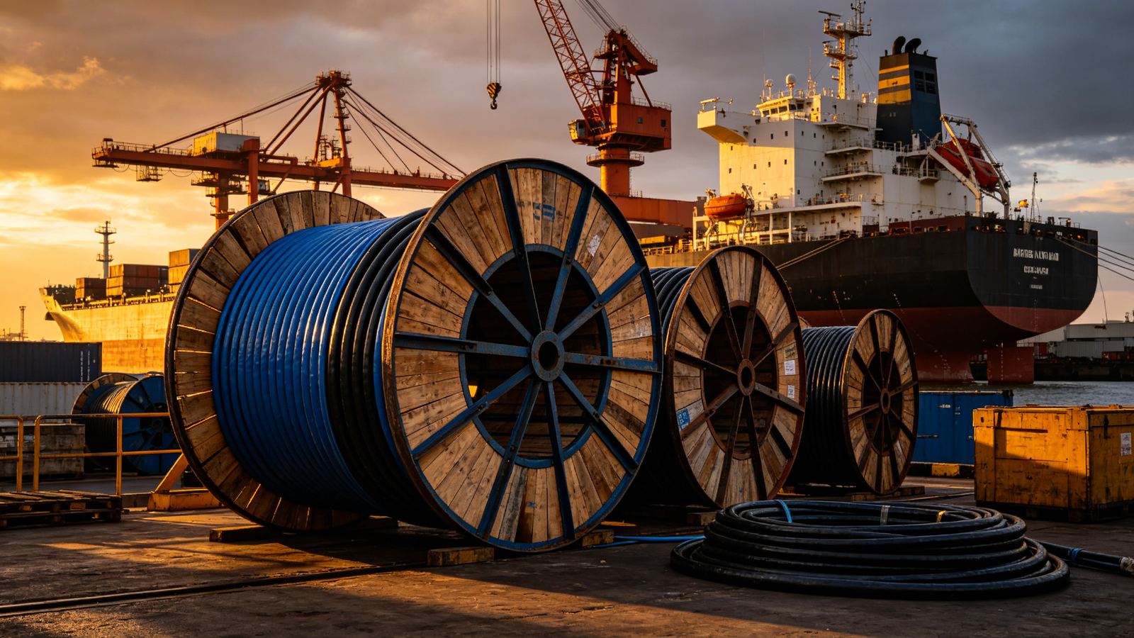 Cable drums prepared for export shipping at an industrial port — OUZHI Cable 欧智电缆