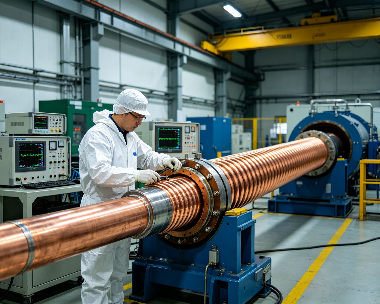 Engineer inspecting high-voltage cable in a testing laboratory — OUZHI Cable 欧智电缆