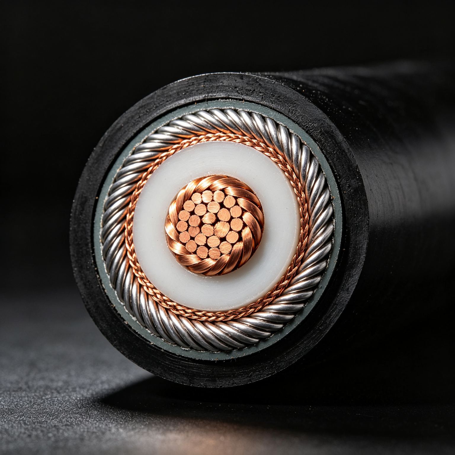 Cross-section of a 26/35 kV XLPE power cable showing copper conductor, insulation, screen and armour layers — OUZHI Cable 欧智电缆